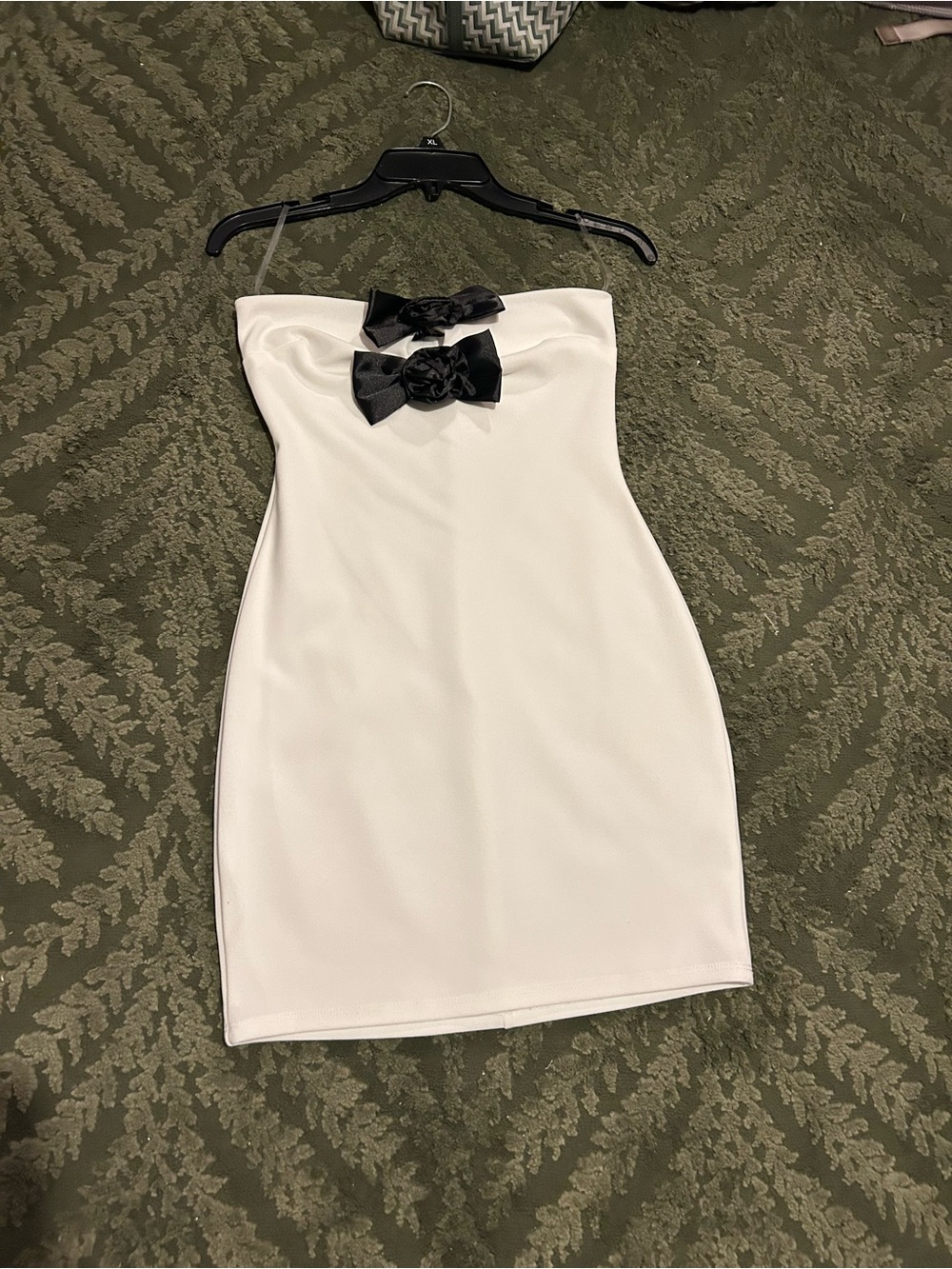 Blue Blush Strapless White Mini Dress with Black Bow Accents